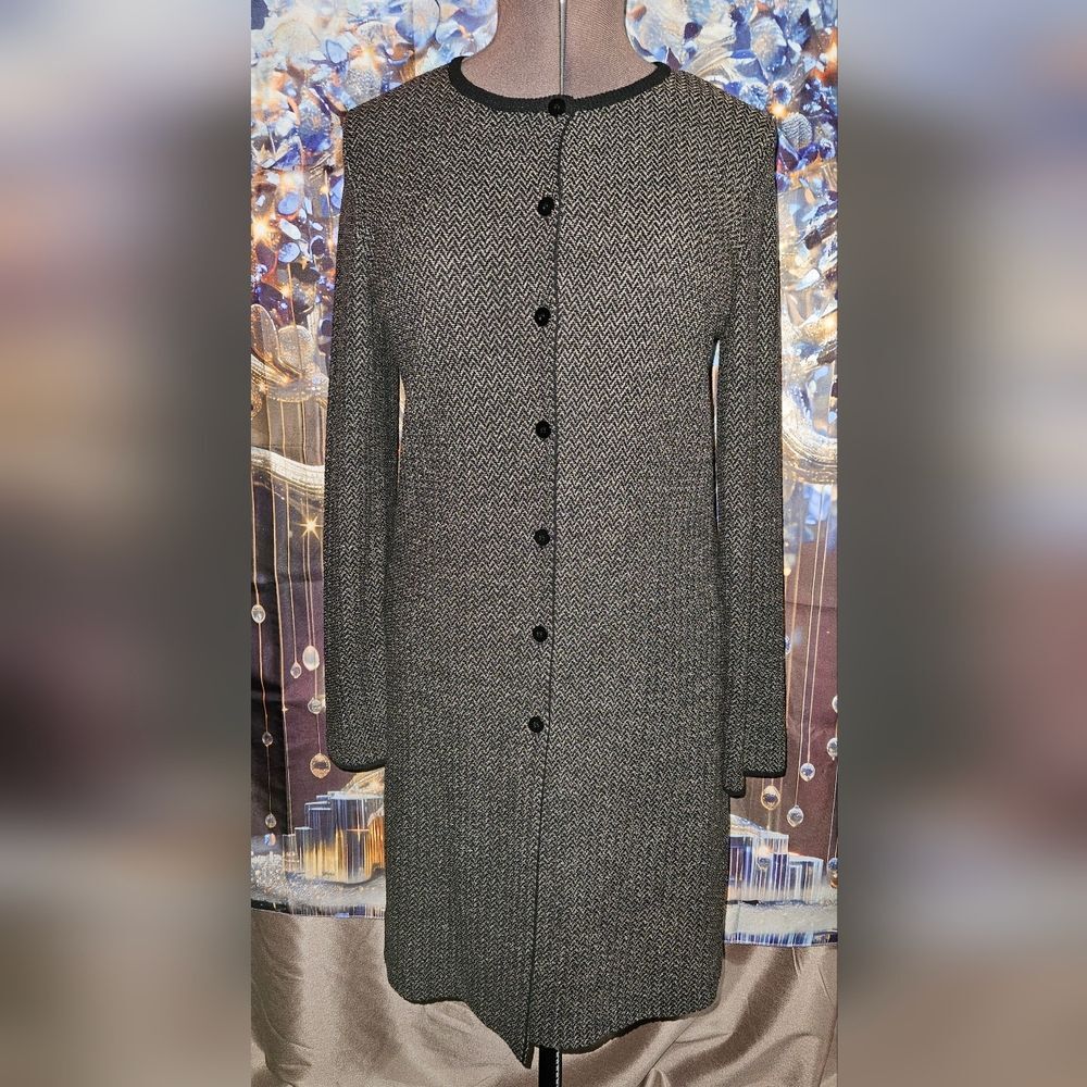 DKNY, Black & White Herringbone, Knit Long Cardigan Duster, Size L